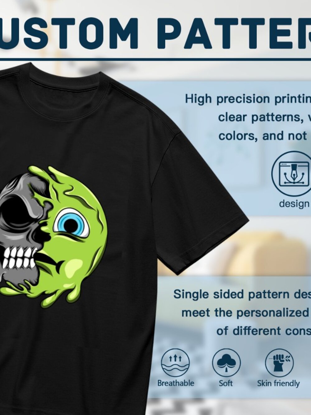 Black Short Sleeve Graphic Tee with Green Skull-Moon Design - Picture 2 of 5